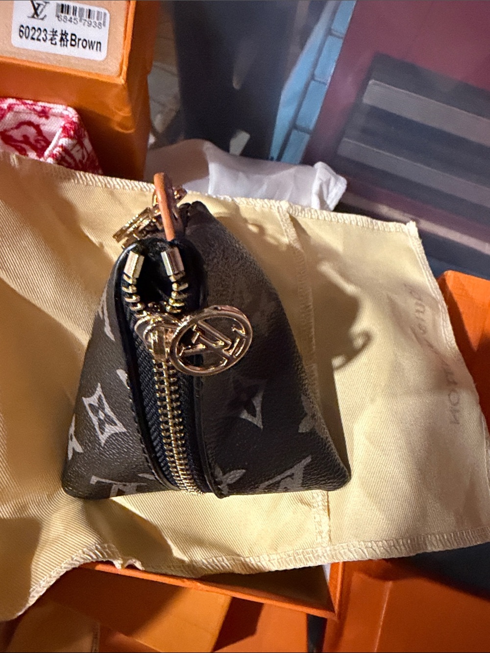 Monogram Brown Cosmetic Pouch with Gold-Tone Zip Pull